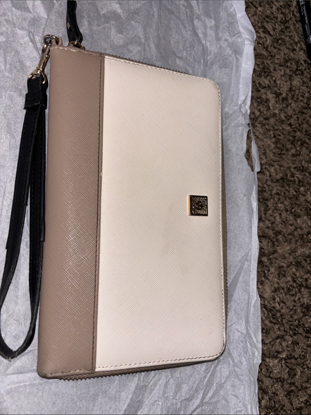 Cole Haan Two-Tone Cream and Taupe Wristlet Clutch with Black Strap